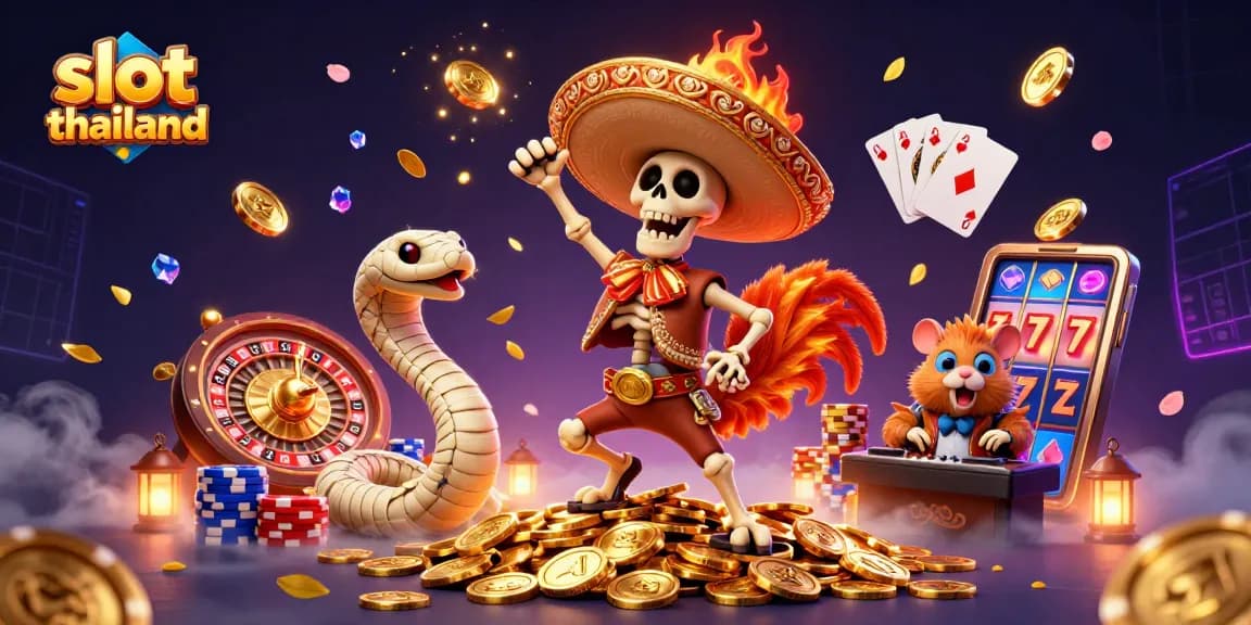 Engage with slot thailand featuring a lively scene with a skeleton mariachi rooster and festive casino elements.