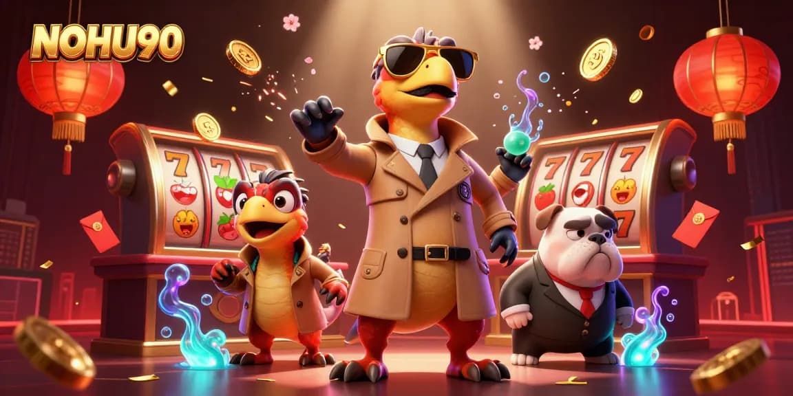 Engage with NOHU90's vibrant VIP casino scene featuring raptors and slot games.