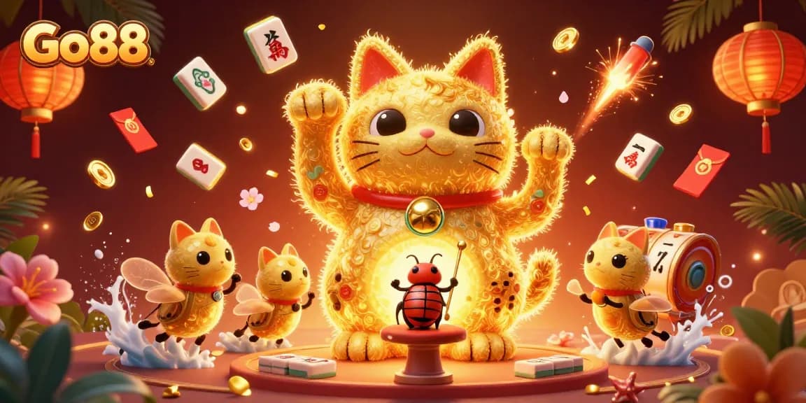 Go88 features a towering lucky cat and symbols inviting gamers to enjoy vibrant casino action.
