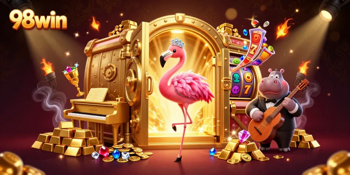 Engage with vibrant 98win scene showcasing a flamingo singer and hippo bassist amid golden treasures and slot reels.