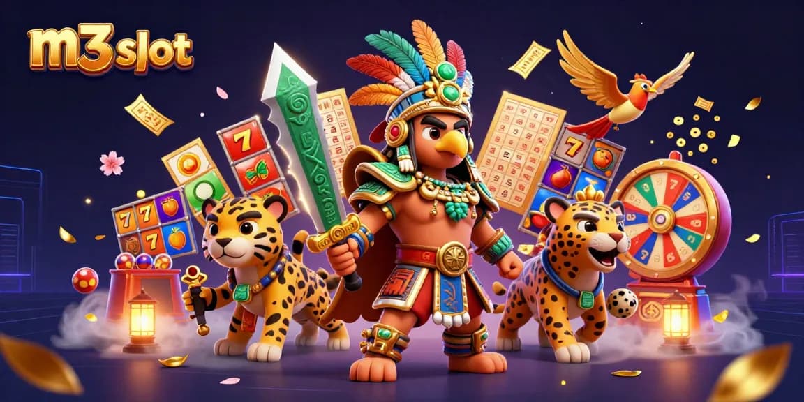 Spin the m3 slot reels with exciting 3D characters in a vibrant casino scene full of action.