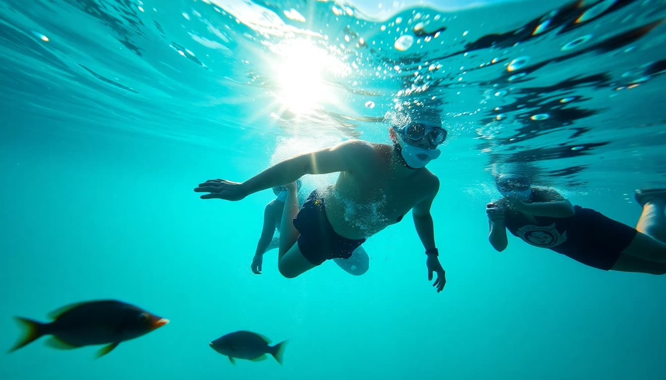 Tauchschule Playa del Carmen zeigt Taucher in klarem Wasser, umgeben von Korallen und tropischen Fischen.