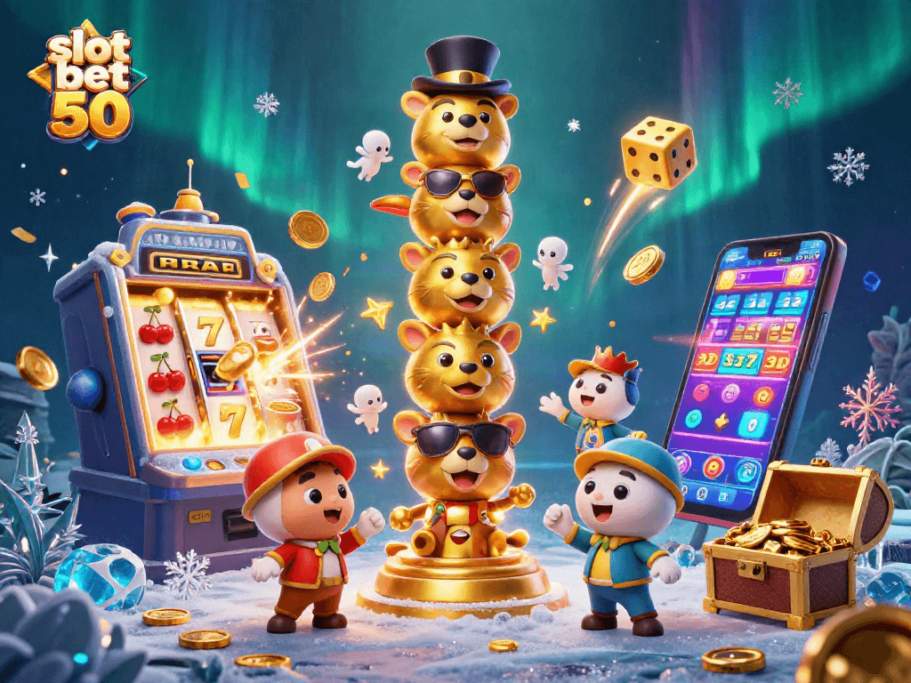Win at slot bet 50 with a vibrant scene featuring a golden totem and exploding slot machine.