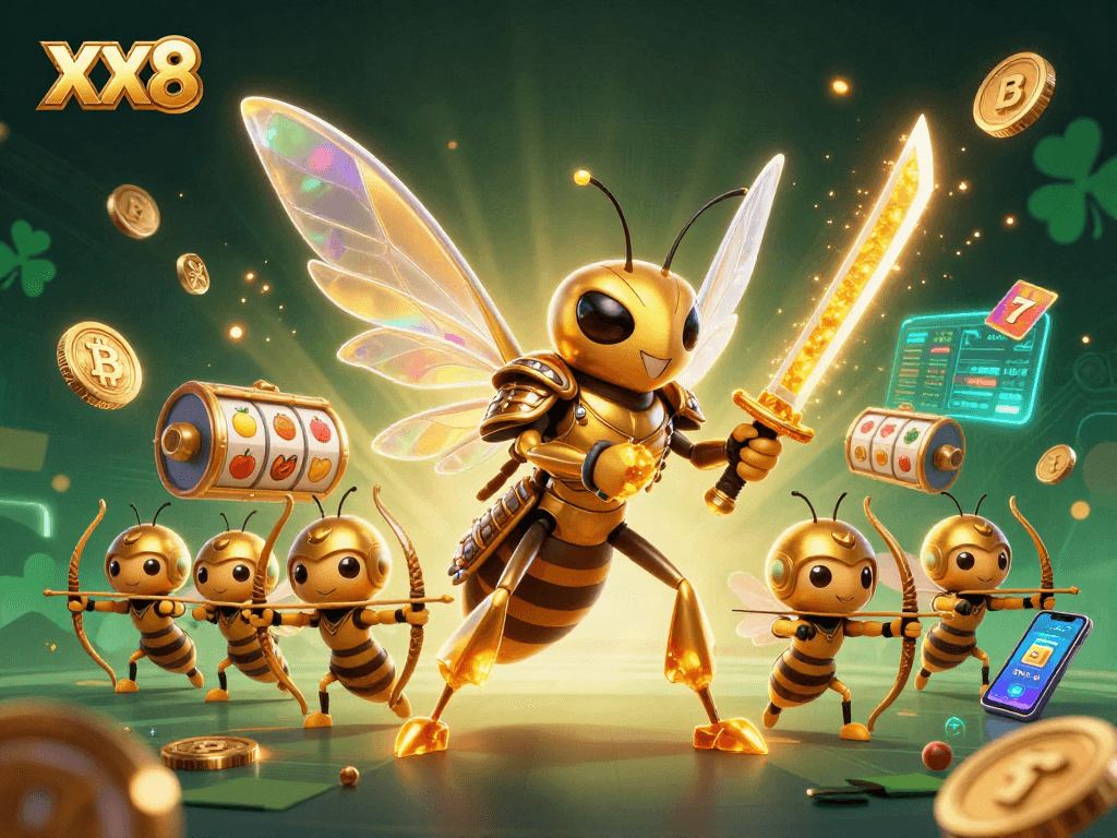 Join the fun at XX8 with a golden hornet samurai in a vibrant casino scene.