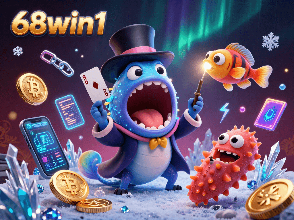 Join the excitement at 68win1 with a 3D deep-sea casino scene featuring vibrant elements and magical card tricks.