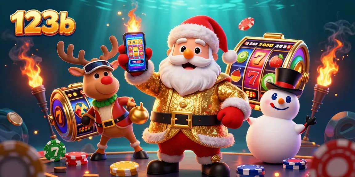Engage with 123b's vibrant casino scene featuring Santa and friends celebrating slot jackpots.