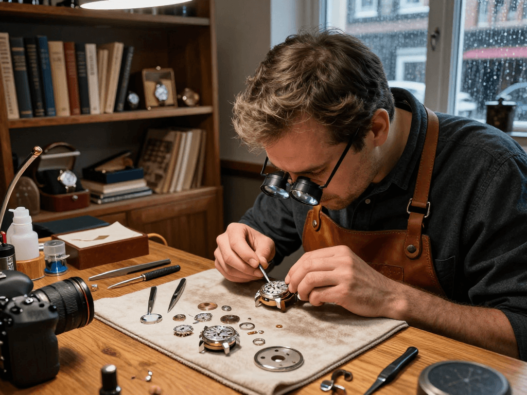 Expertly assembling Omega 8500 movement parts in a cozy watch repair workshop, showcasing precision tools and craftsmanship.