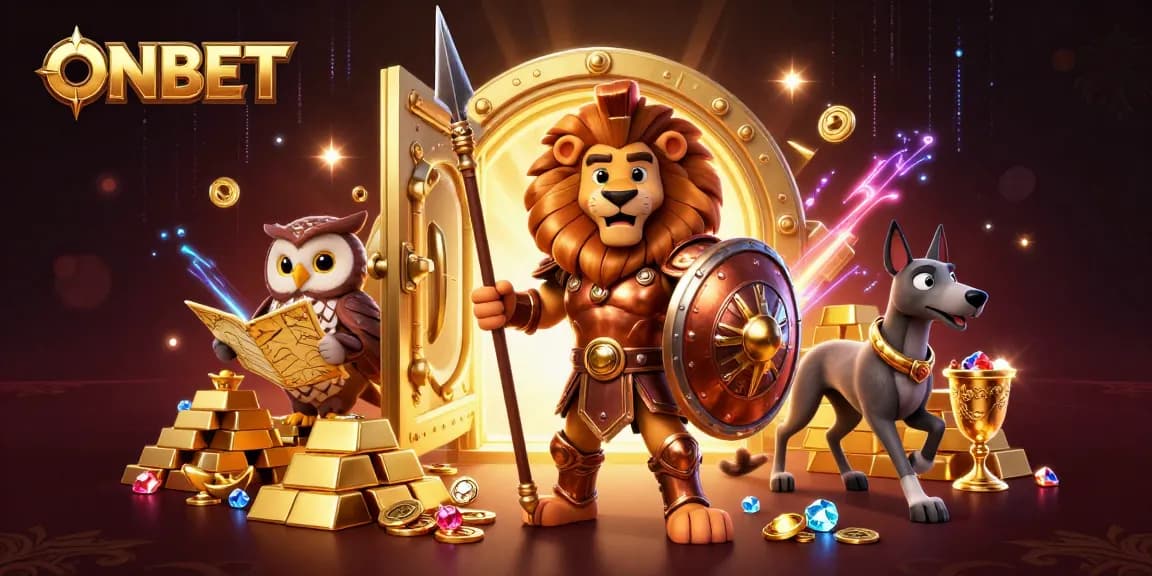 ONBET platform showcases a Spartan lion, owl, and greyhound in a vibrant casino backdrop filled with treasures.