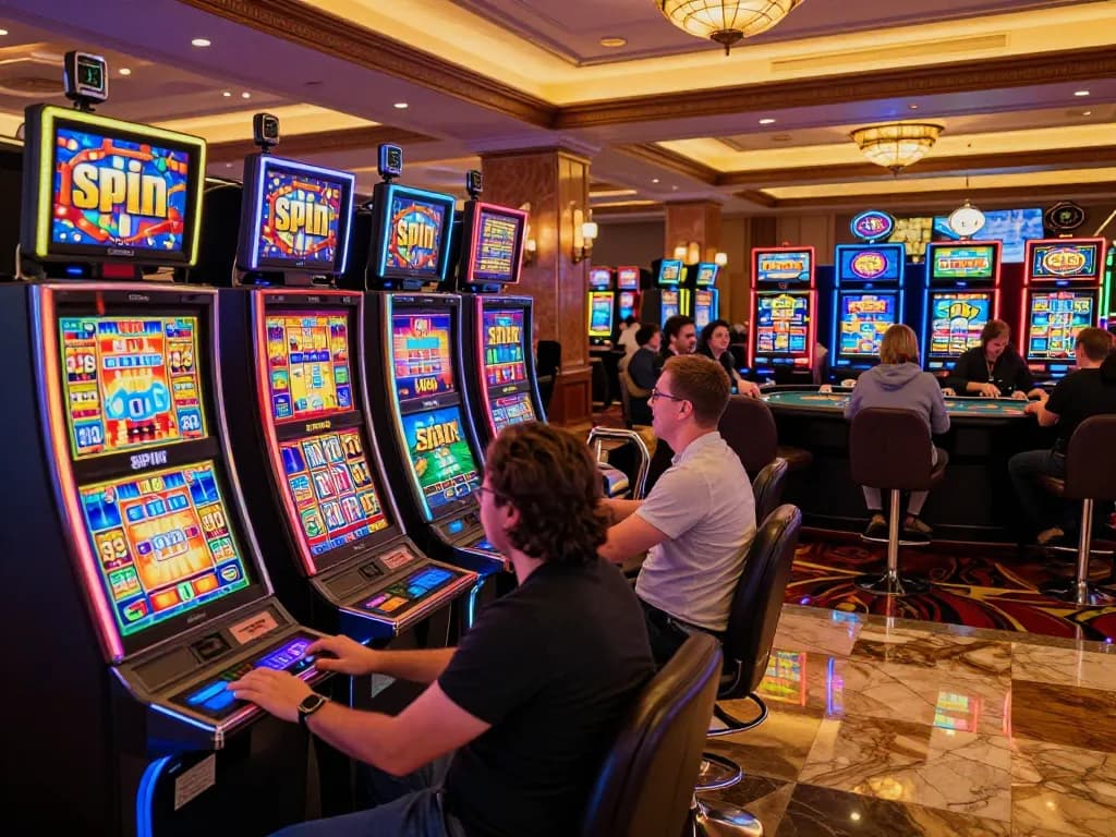 Players engaging with exciting slot machines, pressing spin buttons in a vibrant casino atmosphere
