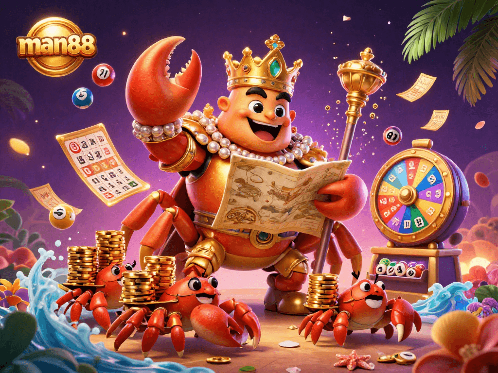 Experience exciting gaming with man88 featuring a golden crab emperor in a vibrant casino world.