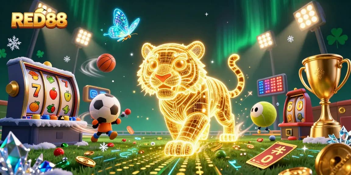 Experience thrilling wins with RED88 in an engaging casino adventure featuring dynamic slot reels and sports elements.