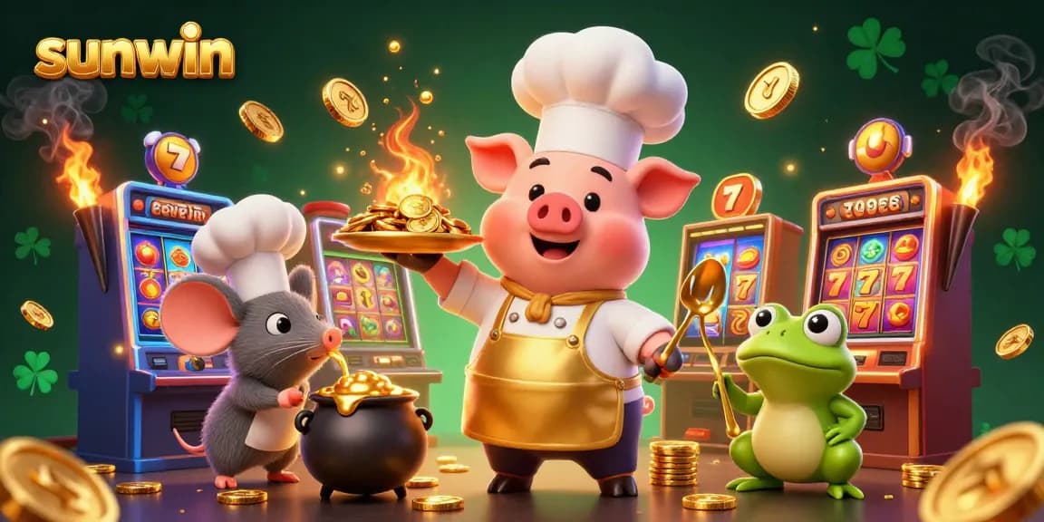 Experience thrilling gameplay with sunwin, featuring a cartoon chef serving gold coins amidst vibrant slot machines.