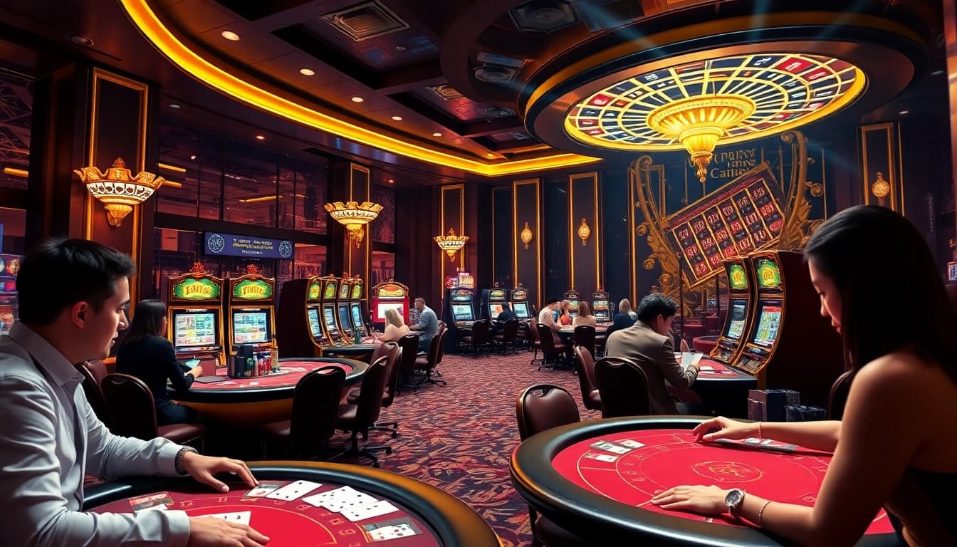 VIN777 casino scene showcasing vibrant poker games and thrilling slot machines