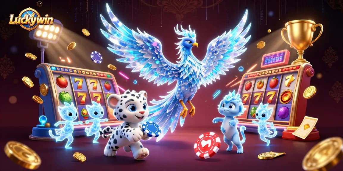 Experience the thrill of Luckywin with mesmerizing slot reels and vibrant characters dancing in this captivating scene.