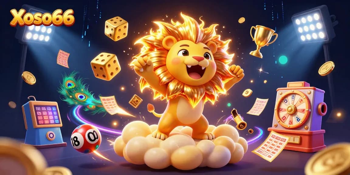 Xoso66 lottery scene featuring a roaring lion and golden dice, showcasing vibrant gaming elements.