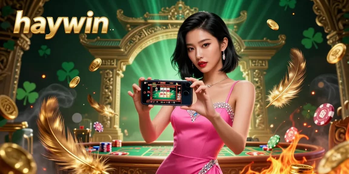 Engage in live dealer games at haywin with an Asian woman showcasing a smartphone amidst casino elements