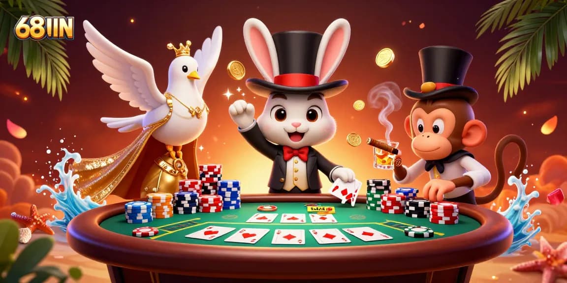 Experience the thrilling magic of 68WIN as a magician rabbit pulls coins at a vibrant casino scene!