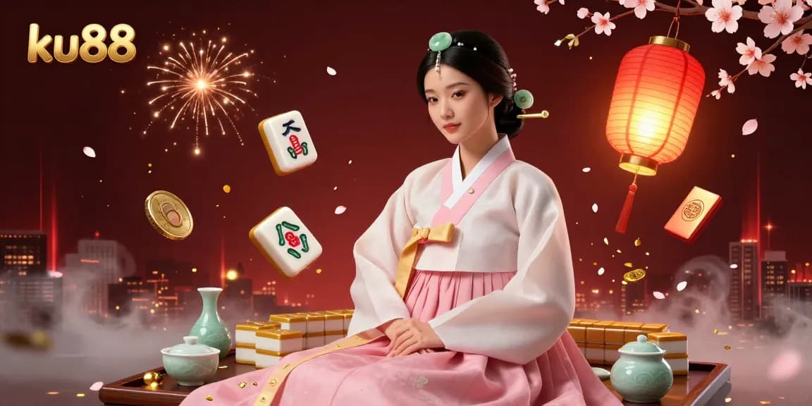 Experience thrilling gameplay at ku88 with a serene Asian woman surrounded by vibrant casino elements.