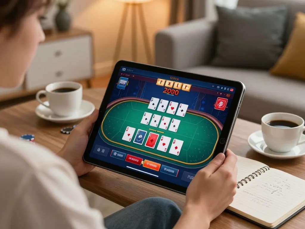 Engaging online poker gameplay on 33win com displayed on tablet in a cozy home setting.