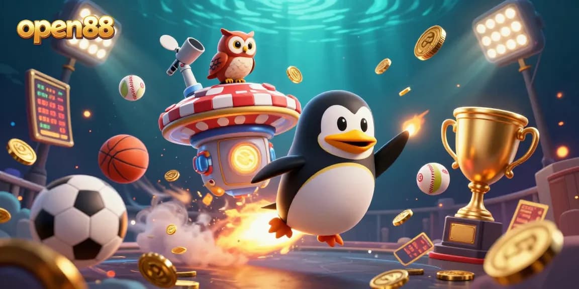Experience thrilling action with open88, featuring a golden penguin and dynamic casino sports elements.