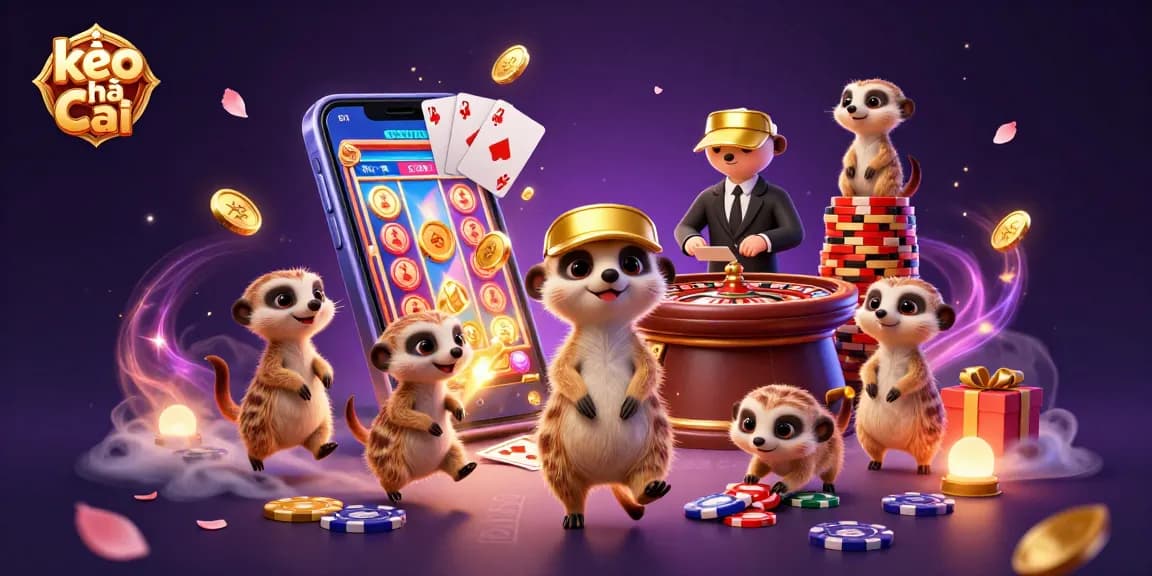 Engage in thrilling actions at kèo nhà cái, with meerkats operating a vibrant casino illustrated in 3D.