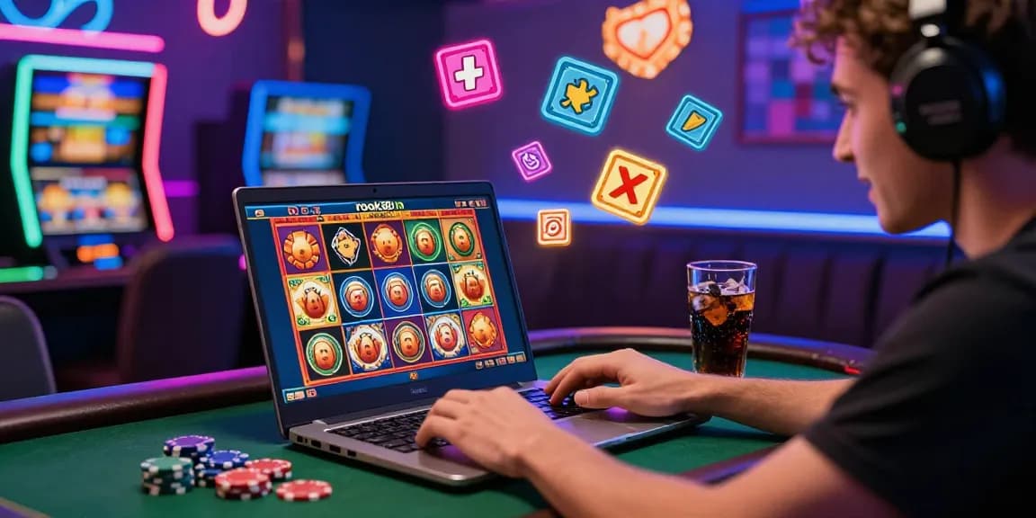 Excited player engaging with rokok88 slot game in a vibrant gaming setup, surrounded by neon lights and decor.