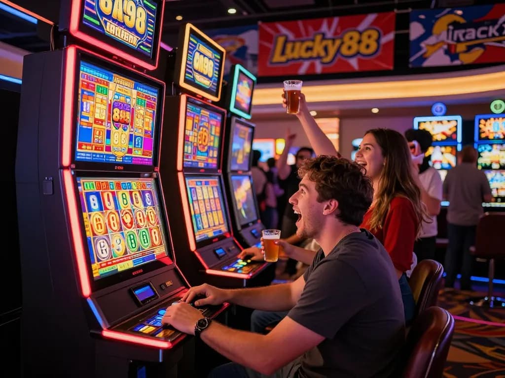 Player enjoying the thrilling Lucky 88 slot machine in a vibrant casino setting, capturing excitement and energy.