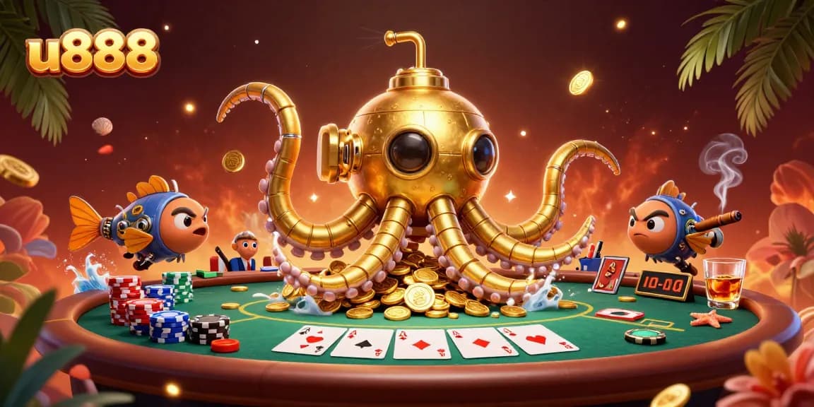 Play with u888 at a festive poker scene with golden creatures and coins surrounding rich gameplay elements.