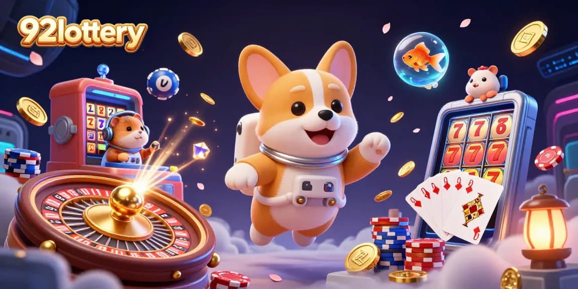 Engage with the 92lottery in a vibrant, action-packed space casino scene featuring fun characters and dynamic gaming elements.