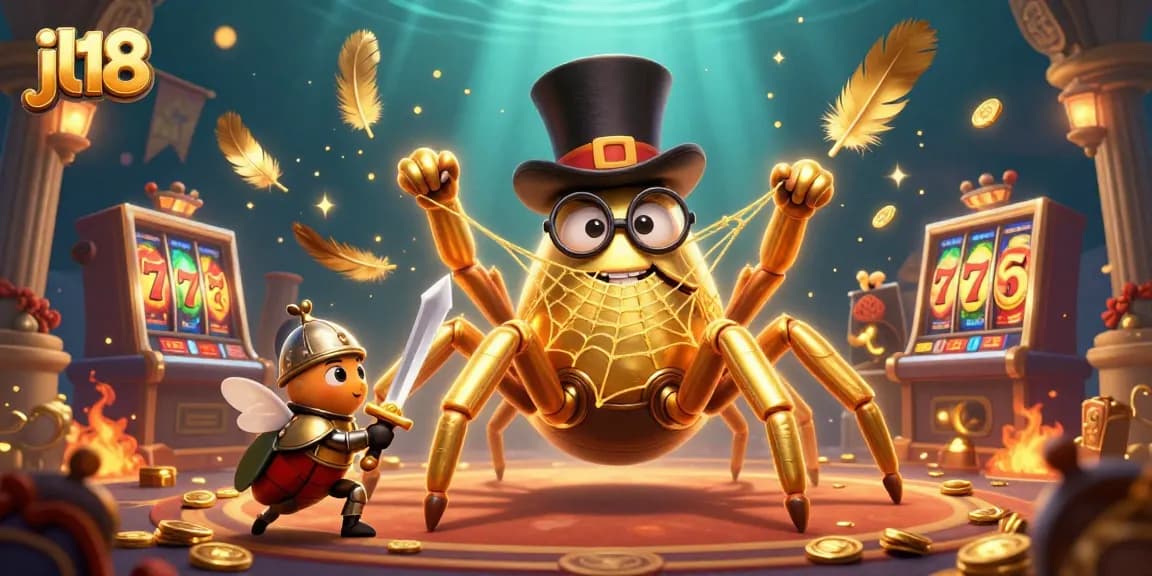 Join the excitement at jl18 Casino, where a golden tarantula weaves riches amidst slot reels and brave beetle knights.