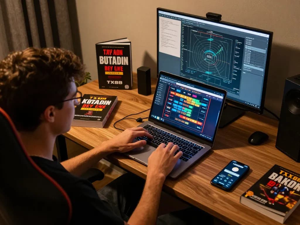 Engaged player using TX88 app on laptop, highlighting exciting online gambling experience.