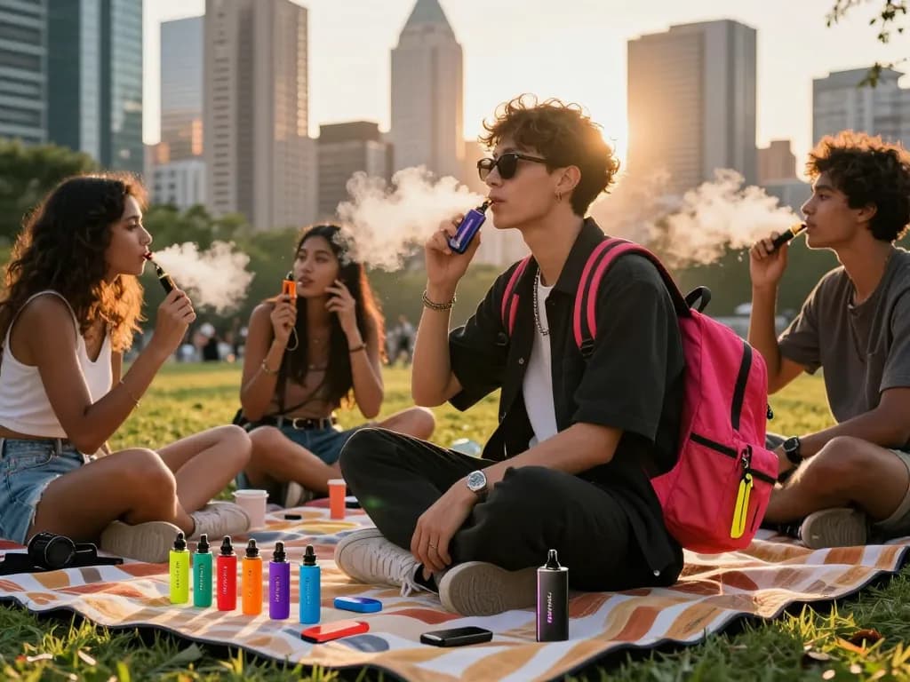 Genießen Sie das Al Fakher 30K Vape in einem lebhaften Stadtpark während des Sonnenuntergangs mit Freunden.