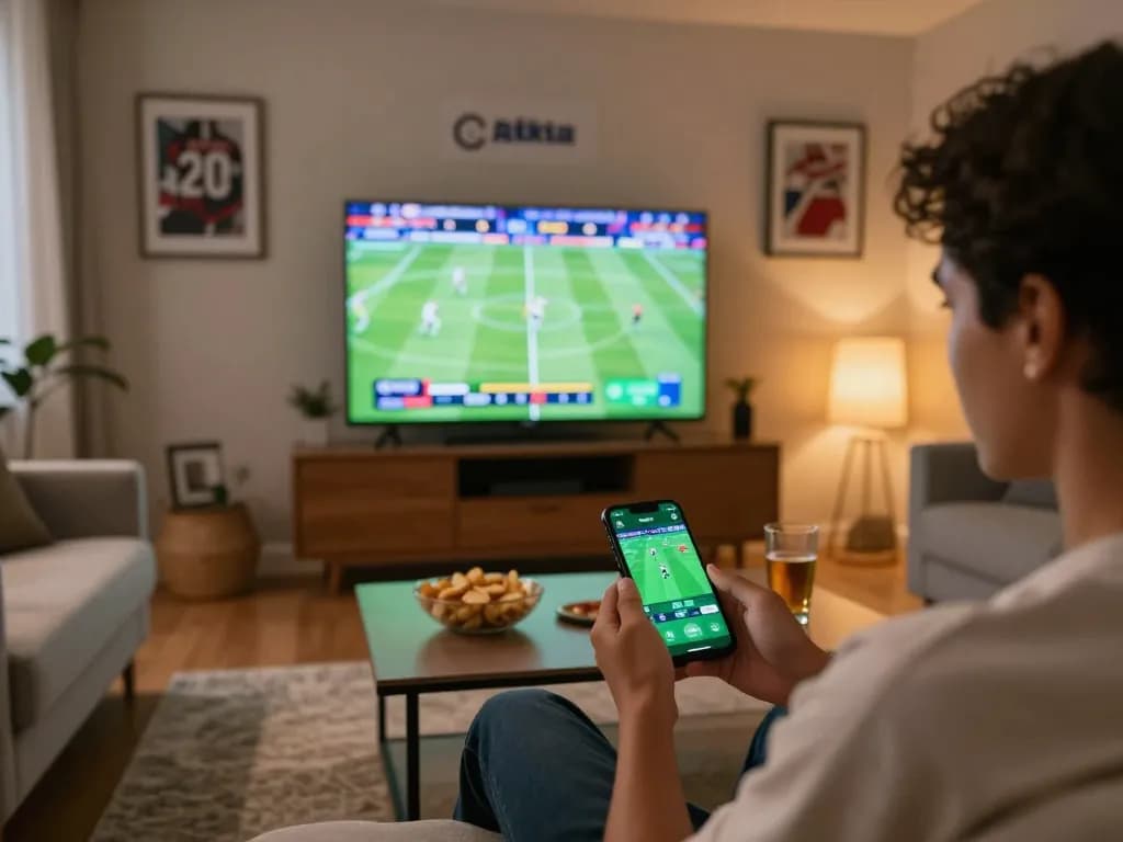 CakhiaTV user engaging in sports betting on smartphone during live football match.