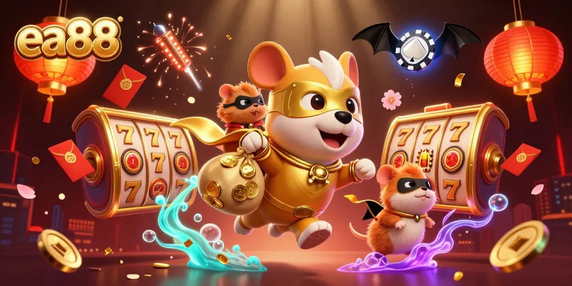 Engage with ea88's thrilling gaming atmosphere as a superhero dog flies over a vibrant casino scene.