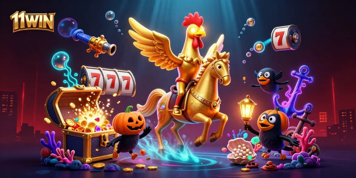 Experience the 11WIN glory with a captivating casino scene filled with vibrant gaming elements.