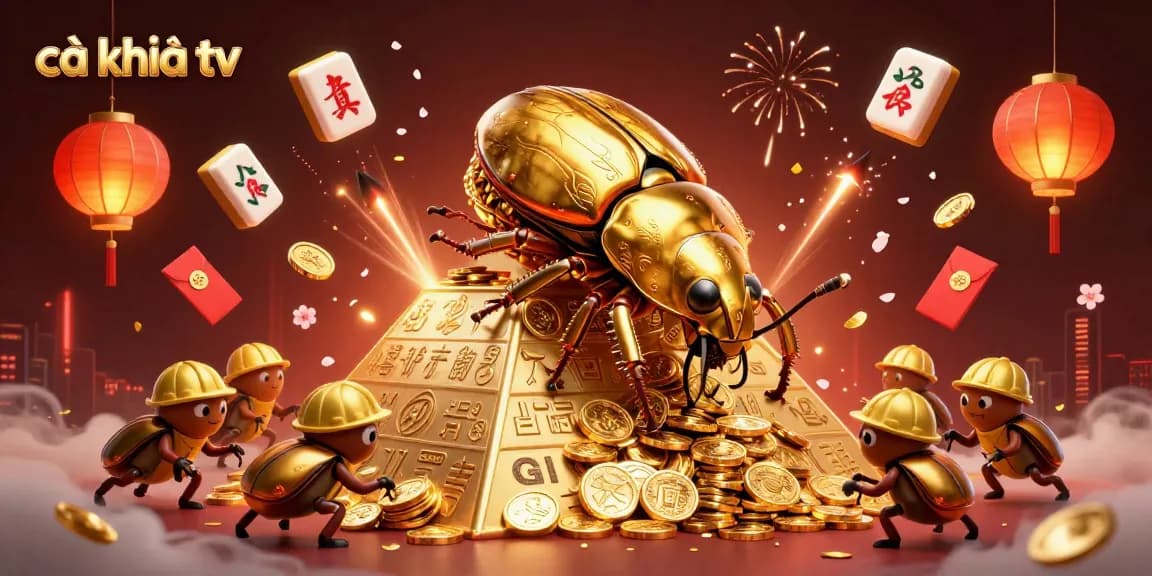 Cà khịa tv showcases an exciting 3D illustration of golden beetles and casino symbols, celebrating gaming spirit.
