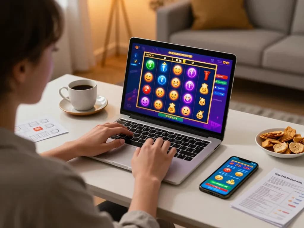 Engaging with slot bonus new member 100 on a laptop during an online casino gaming session.