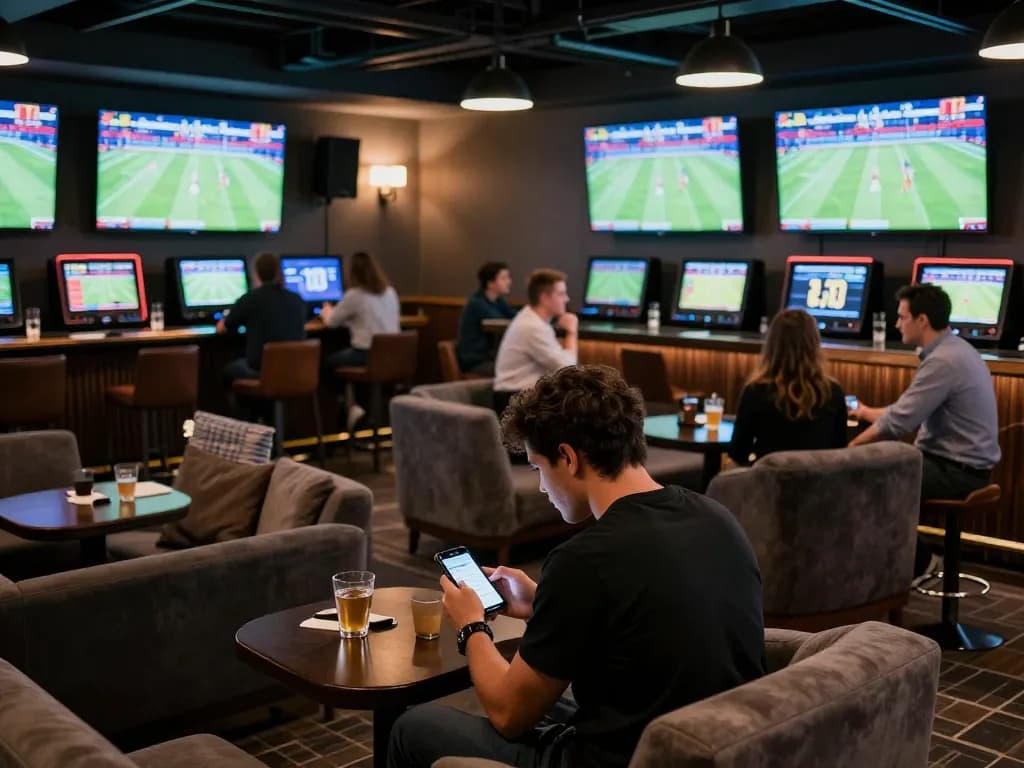 Attendees engaging in sports betting with soi keo nha cai in a vibrant lounge filled with live screens