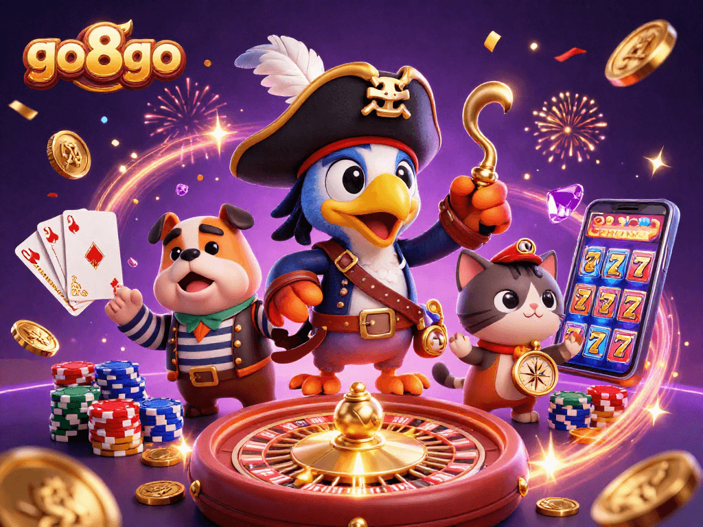 Engage in the adventurous world of go8go with a pirate-themed casino scene featuring dynamic game elements.