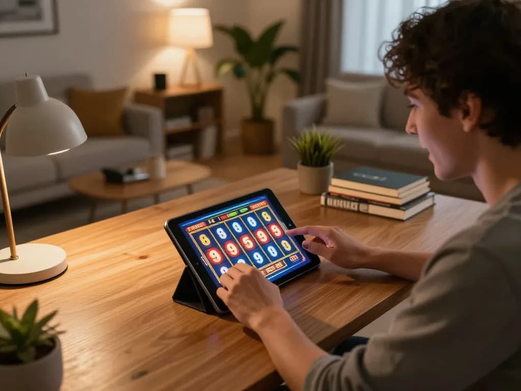 Engaging in online slots at OKBAY on a tablet with a cozy home atmosphere.