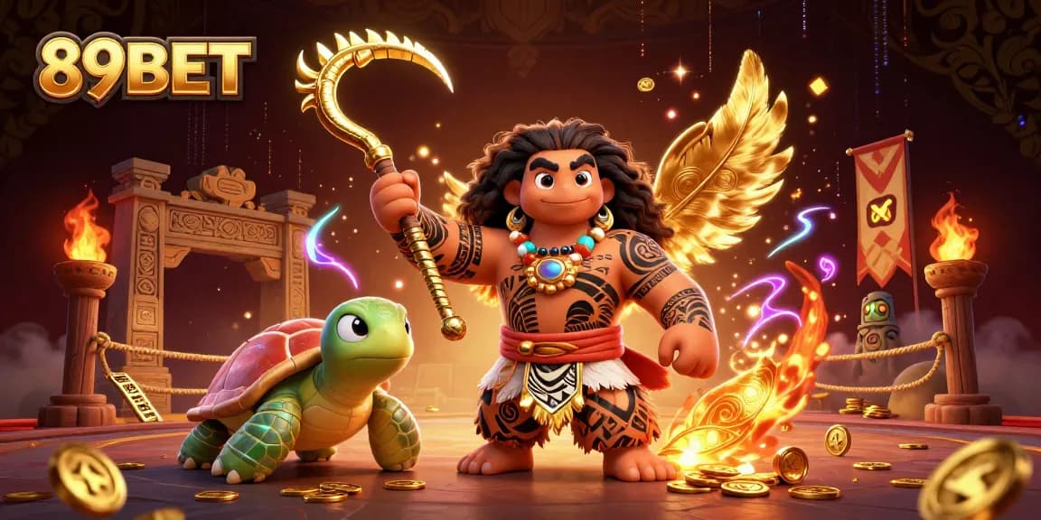 Engage with 89BET's vivid online gaming world featuring a dynamic scene of tribal heroes amidst casino elements.