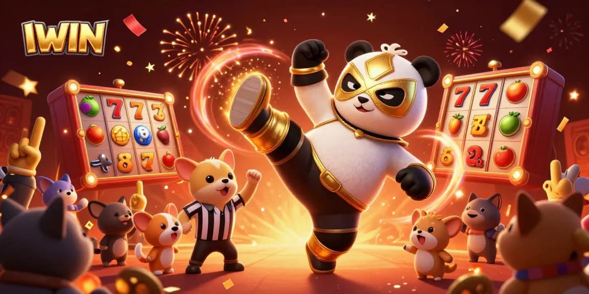 IWIN engages players with a thrilling jackpot scene as a panda performs a kick with cheers from a lively animal crowd.