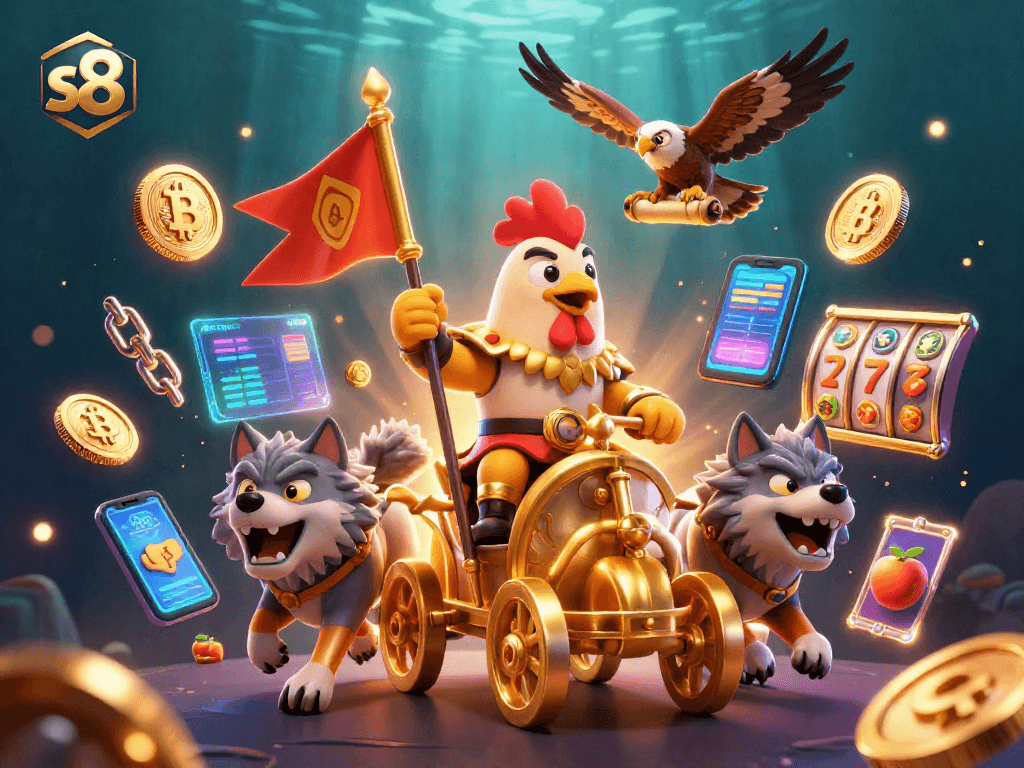 Engage in thrilling gameplay with s8's vibrant 3D casino scene featuring slot symbols and cryptocurrencies.