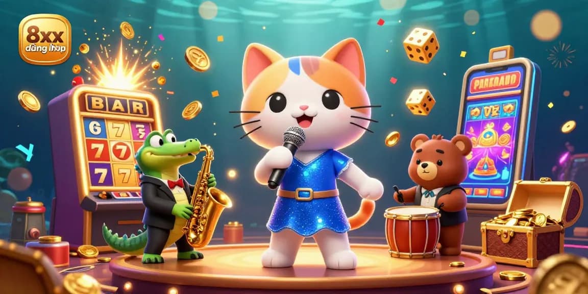 Experience the thrill of 8xx đăng nhập with a vibrant 3D casino scene filled with playful characters and gaming excitement.