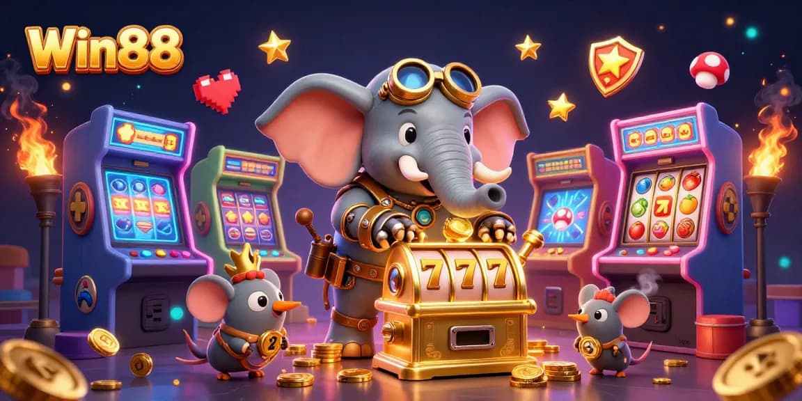 Win88 steampunk elephant operates a golden slot machine amid vibrant gaming elements.