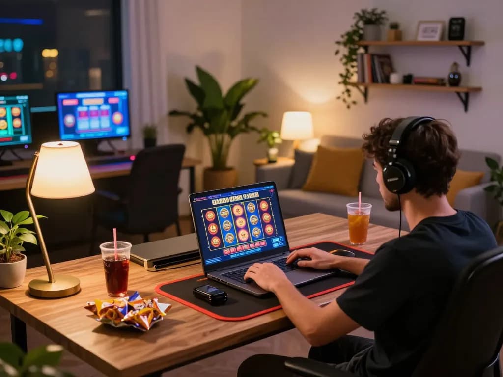 Engaging gameplay on a laptop showcasing slot gacor hari ini in a cozy home environment.
