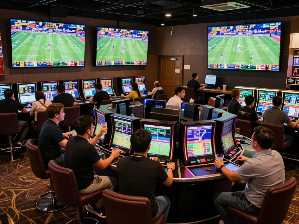 Soi kèo nhà cái action with eager bettors at sports counter during live match at a modern casino.