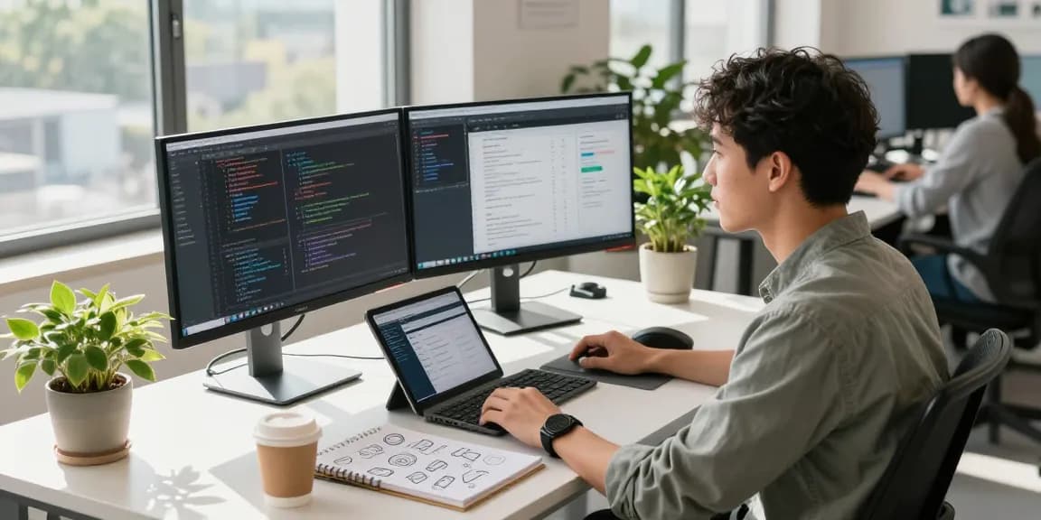 Build internal tools with AI in a collaborative tech workspace with developers coding and brainstorming ideas.
