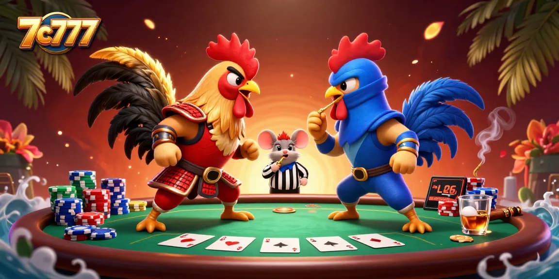 Experience the thrilling showdown of 7c777 with samurai and ninja roosters in a dynamic poker scene.
