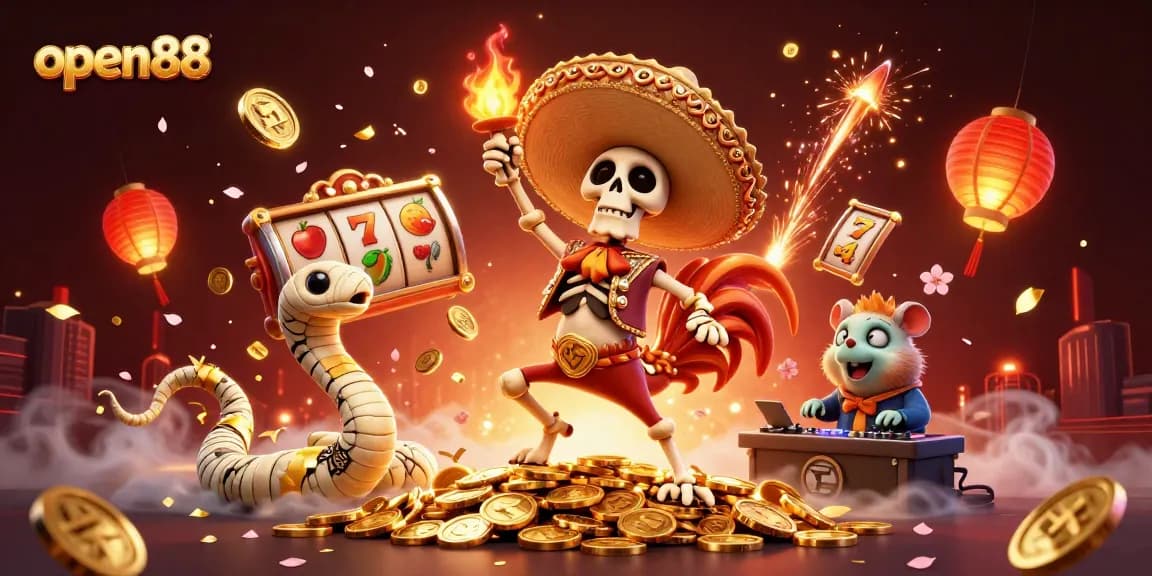 open88 showcasing a festive online casino scene with a vibrant skeleton mariachi and slot elements